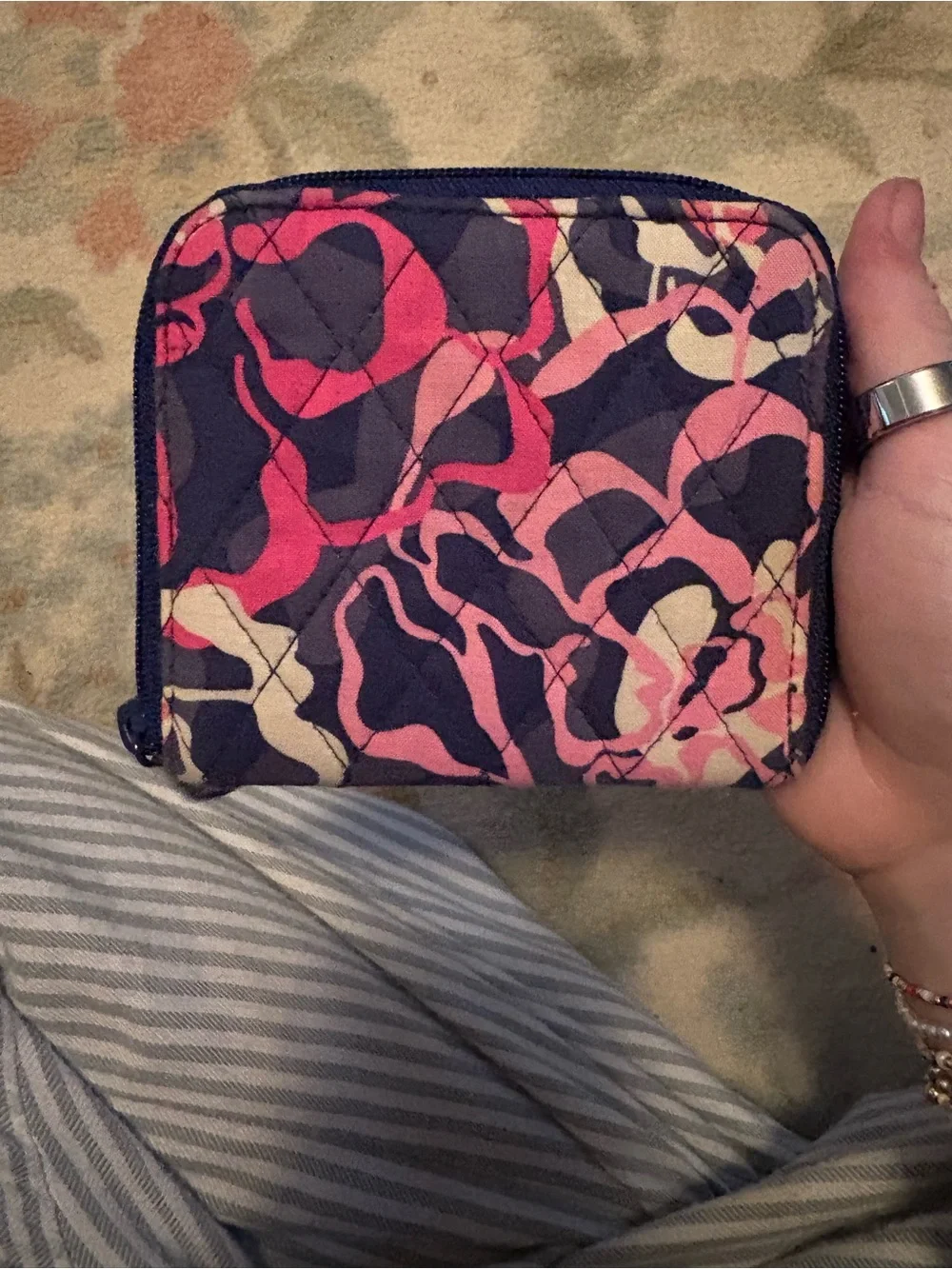 Vera Bradley Pink Navy Cream Quilted Zip Wallet